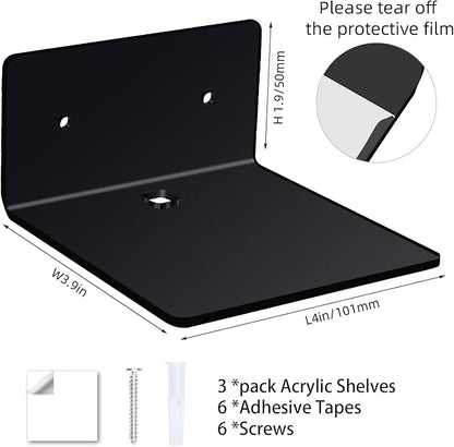 3 Pack Small Floating Shelves for Wall, 4'' Acrylic Mini Wall Shelf for Bedroom, Bathroom, Living Room, Office (2 Types of Installation)