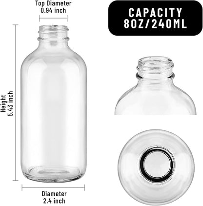 12 Pack 8 oz Clear Glass Bottles, 240ml Boston Round Sample Bottles with Black Poly Cone Caps, Labels and Funnels
