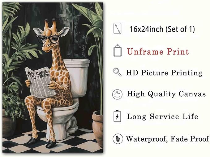Giraffe Bathroom Wall Art Funny Giraffe Wall Art Funny Animal Reading Poster Unique Animal Paintings Green Plants Painting Tropical Rainforest Pictures Bathroom Living Room Decor 16x24inch No Frame