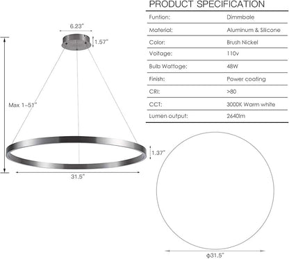 MADEM 31.5'' LED Modern Chandelier 1-Ring Circular Dimmable Pendant Light Flush Mount Pendant Lighting Adjustable for Living Room Dining Room, Bedroom, 3000K Warm White, Brush Nickel