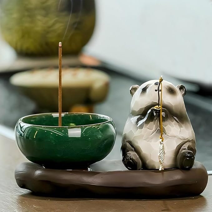 Fishing Panda Incense Holder Cute Animal Figurine Incense Burner Ash Catcher Creative Cartoon Resin Panda Statue for Home Room Decor Meditation Yoga Spa