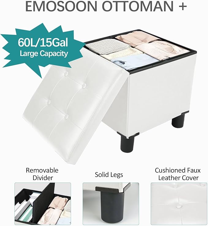 18 Inches Cube Storage Ottoman, Faux Leather Collapsible Square Folding Ottoman Furniture with Storage for Living Room Bedroom, Foot Rest Foot Stool with Legs, White 18x18x18 Inches
