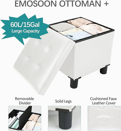 18 Inches Cube Storage Ottoman, Faux Leather Collapsible Square Folding Ottoman Furniture with Storage for Living Room Bedroom, Foot Rest Foot Stool with Legs, White 18x18x18 Inches