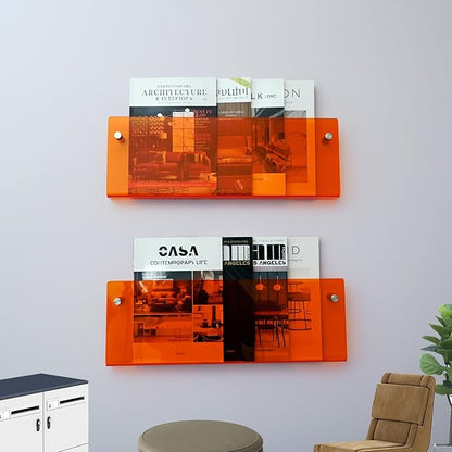 2 Pack Orange Acrylic Magazine Holder, Wall Mount Hanging Bookshelf Literature Storage Rack, Brochure File Display Shelf for Waiting Room, Living Room, Office, Home