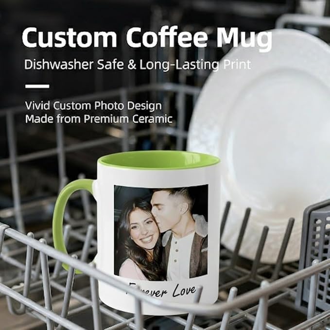 Custom Photo Coffee Mug, Personalized Forever Love Design Ceramic Cup for Anniversary Boyfriend Girlfriend Dishwasher Safe, 11oz (Green)