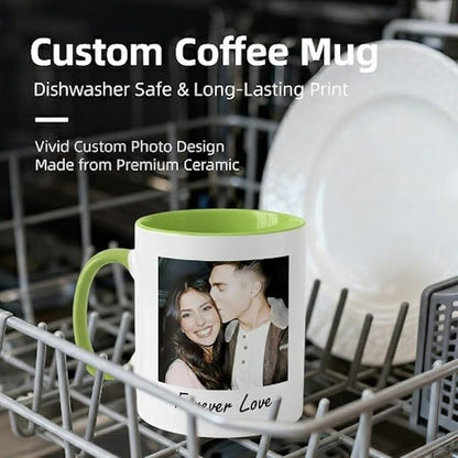 Custom Photo Coffee Mug, Personalized Forever Love Design Ceramic Cup for Anniversary Boyfriend Girlfriend Dishwasher Safe, 11oz (Green)