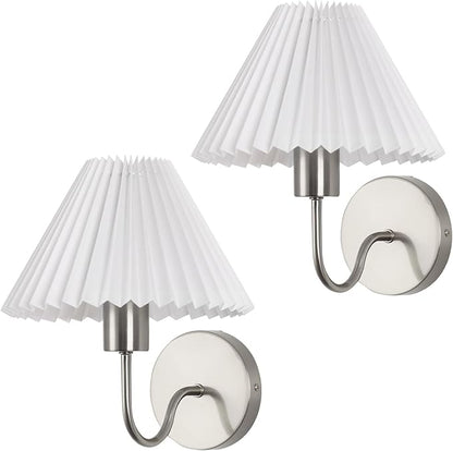 Wireless Wall Sconce Sets of 2, Pleated Shades Rechargeable Battery Operated Wall Sconce, Retro gooseneck Brushed Nickel Bathroom Vanity Lights, Wall Mounted Lamps for Bedroom Living Room Hallway