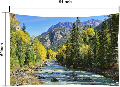 YISURE Nature Mountain Forest Tapestry, Scenic Green Pine Tree Waterfall Landscape Wall Hanging Tapestries for Home Office Dorm Indoor and Outdoor Decoration Large Size 91(W) x60(L) Inch