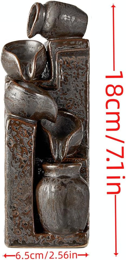 Unique Cascading Basins Ceramic Waterfall Incense Holder, Paired with a Pack of Backflow Incense Cones. (Metallic)