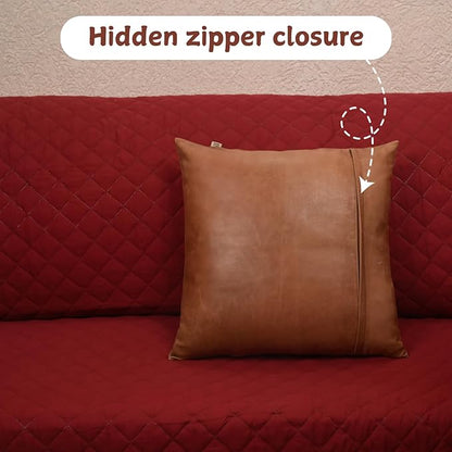 Lambskin Leather Pillow Cover - Sofa Cushion Case - Decorative Throw Covers for Living Room & Bedroom, 22x22 Inches - Antique Brown Plain Pack of 2