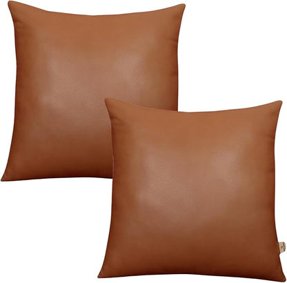 Genuine Lambskin Leather Pillow Cover, 22x22 Inch Case for Lumbar Throw Couch Pillows, Thick & Soft Cushion Covers for Sofa Bed Home Décor (Textured Tan Pack of 2)
