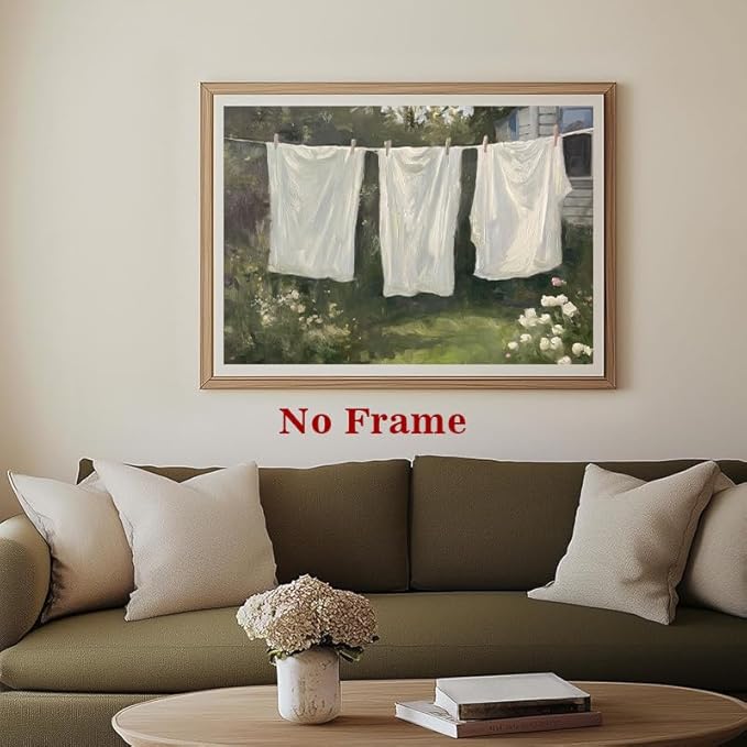 Farmhouse Laundry Picture Vintage Garden Painting Clothesline Canvas Art Cozy Cottage Prints Spring Landscape Artwork Laundry Day Poster Victorian Farmhouse Wall Art for Living Room 16x24in No Frame