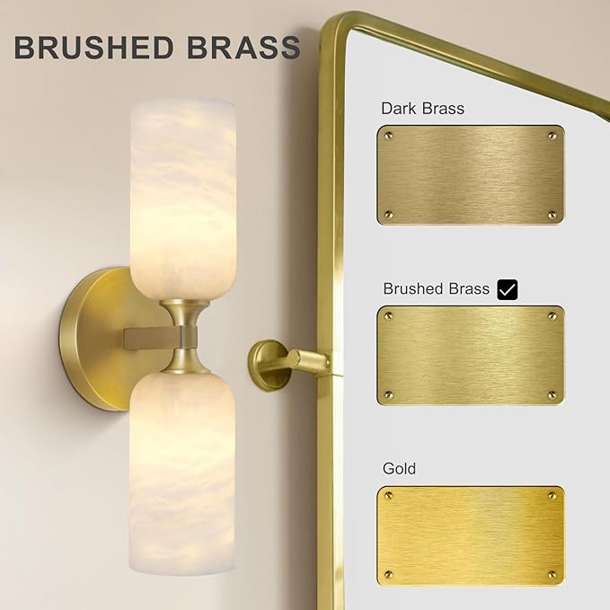 Alabaster Wall Sconces Set of 2, 14in Modern Spanish Natural Marble Vanity Light, Dimmable Hardwired Brass Gold Wall Sconce Lighting for Bathroom Mirror, Bedroom, Luxury Natural Stone Wall Fixtures