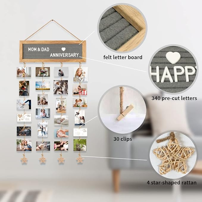 Picture Frames Collage Wall Decor Hanging Photo Display Frame Felt Letter Board with 340 Letters and 30 Clips, Unique DIY Collage Picture Frames for Dorm Room Decor, Christmas Birthday Party