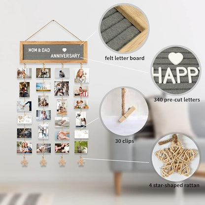 Picture Frames Collage Wall Decor Hanging Photo Display Frame Felt Letter Board with 340 Letters and 30 Clips, Unique DIY Collage Picture Frames for Dorm Room Decor, Christmas Birthday Party