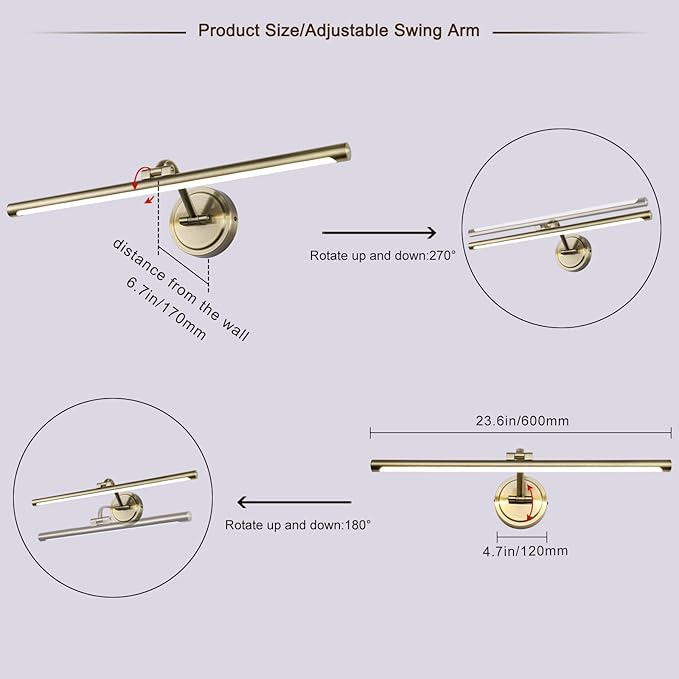 Hard-Wired Picture Lights 23.6 Inch Dimmable LED Wall Art Lighting Modern Gallery Light Poster Lights Adjustable Swing Arm Picture Frame Light for Display Art Work,14W,2700K, Warm White Antique Bronze