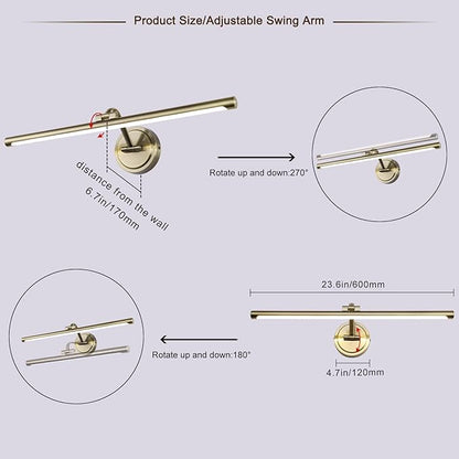 Hard-Wired Picture Lights 23.6 Inch Dimmable LED Wall Art Lighting Modern Gallery Light Poster Lights Adjustable Swing Arm Picture Frame Light for Display Art Work,14W,2700K, Warm White Antique Bronze