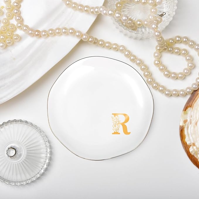 Initials Ring Dish Jewery Tray with Personalized R Monogrammed, Decorative Trinket Dish for Rings Earrings Necklaces Bracelet Watch Keys, Women Wife Friend Birthday Wedding Christmas Gifts