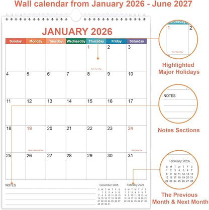 2026 Calendar - Wall Calendar 2026-2027 from January 2026 - June 2027, 18 Months Calendar with Twin-Wire Binding & Hanging Hook, 8.5" x 11", Vertical Calendar, Colorful