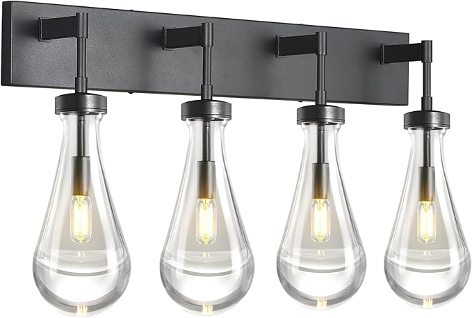 Raindrop Wall Sconces Black Crystal Sconces Wall Decor Modern Lighting Glass Bathroom Sconces Indoor Vanity Light Wall Lamp for Bedroom Living Room Stair(4-Light)
