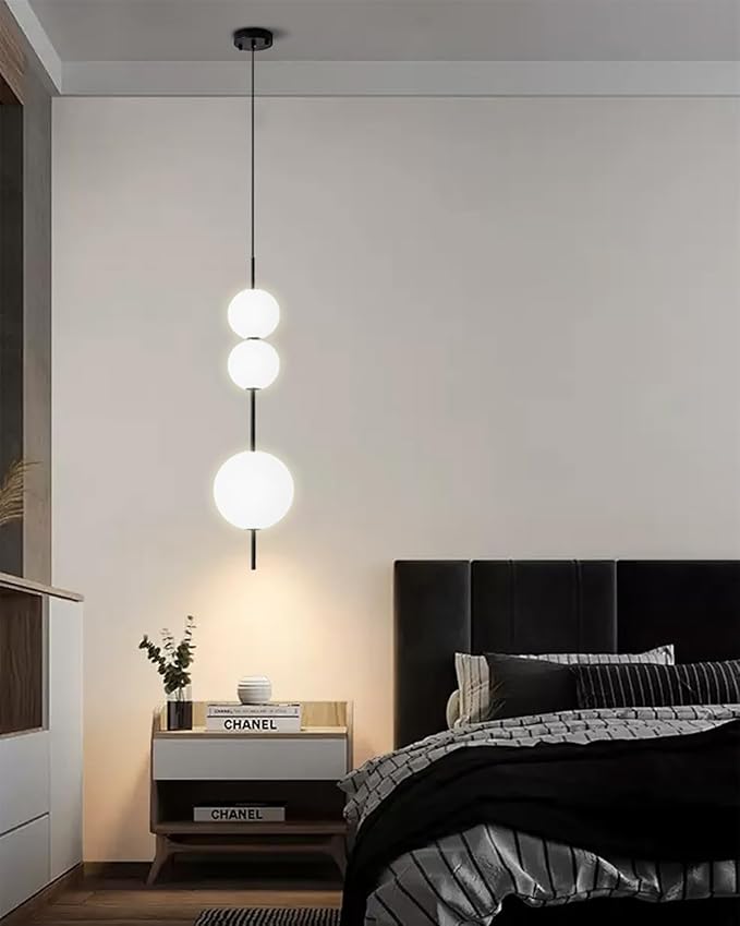 Modern LED Island Chandelier, White Acrylic Spherical Pendant Light, 30W Dimmable Black Ceiling Light, Adjustable Hanging Light Fixture, Suitable for Kitchen Island Dining Room Bedroom Living Room