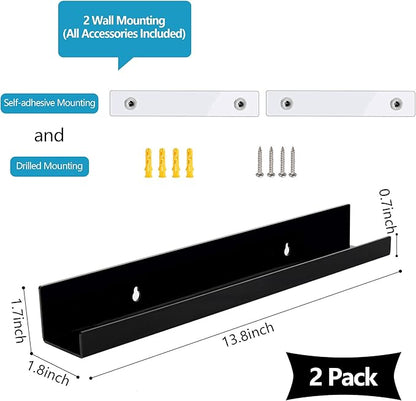 evron Acrylic Floating Shelves – 2 Pack Black Wall Shelf for Bathroom, Bedroom, or Kitchen – Easy Installation with Adhesive (No-Drill) or Screws (Drill Required) – 13.8" Modern Rack (Black 2 Pack)