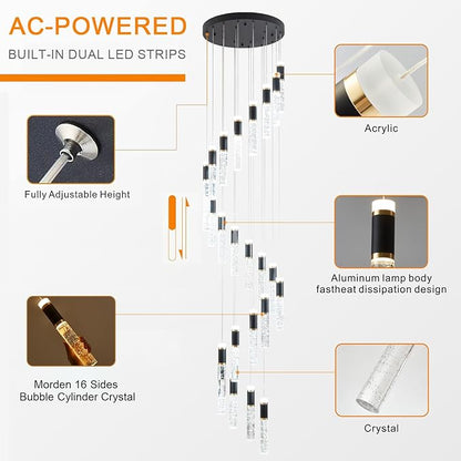 High Ceiling Chandelier Modern Crystal Chandelier for Entryway Long Spiral Dimmable Long Staircase High Foyer with Remote Controller