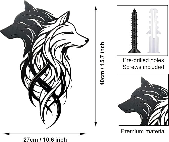 Metal Wolf Wall Art - Yin Yang Black White Dual Wolf Heads Metal Wall Decor, Rustic Home Decor for Cabin Lodge, Office, Living Room, bathroom, Man Cave, 15.7x10.6 Inch, Housewarming Gift for Men