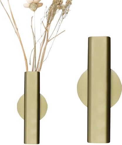 7" Wall-Mounted Flower Tube, Top/Bottom Open Vase, Wall Metal Flower Tube Decoration Holder for Flower Display, Home Office Living Room Bedroom Decoration with Adhesive Material, 2pcs(Gold)