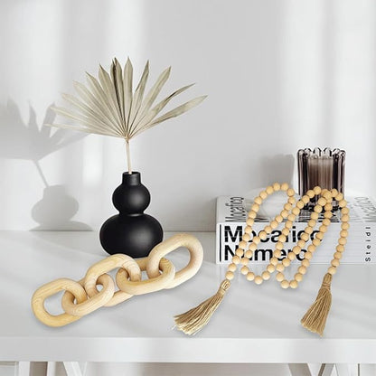 2 Pieces Decorative 5 Link Wooden Chain Decor and Bead Boho Farmhouse Rustic Home Table Decor Coffee Table Shelf Aesthetic Modern Bookshelf Table Wooden Decortion (Natural)