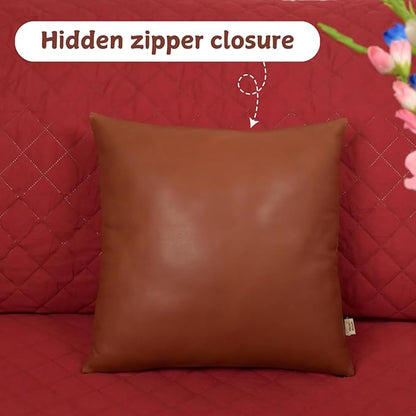 Lambskin Leather Pillow Cover, Hand Panel Stitched Leather Decorative Throw Pillow Covers for Couch Sofa Bed Living Room Garden (22x22 Inches, Brown Pack of 2)