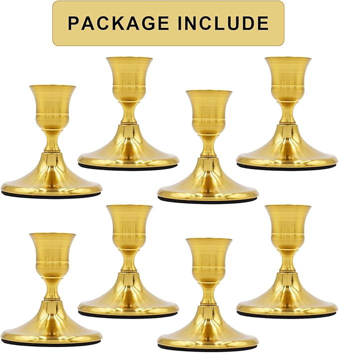 Candlestick Holders Taper Candle Holders, Gold Vintage Candle Holder for Pillar Candles Table Centerpiece, Wedding Reception, Festive Christmas Mantel Decoration or Home Decor, Set of 8