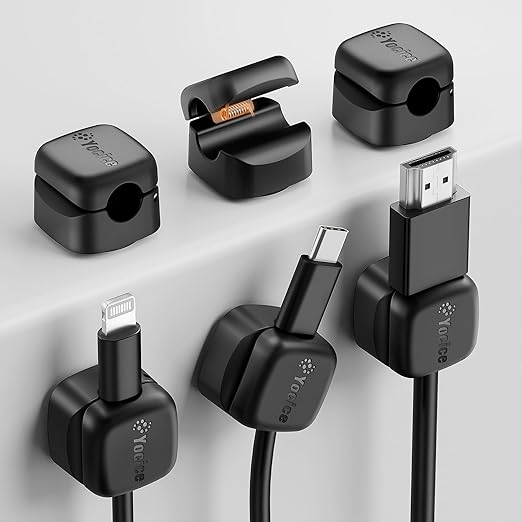 6 Pack Rotatable Cord Organizer,Spring Cable Clips Desk Cable Management Cord Holder Adhesive Phone Charger Cord Clips for Home Office Car Wall Nightstand Accessories Black