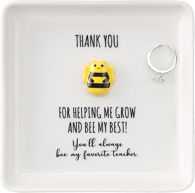 HOME SMILE Christmas Gifts for Women Teacher Bulk- Bee Ring Dish Jewelry Tray-Teachers Day Graduation Appreciation Thank You School Gifts-Stocking Stuffers for Teacher Under 10
