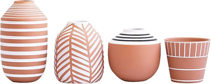 Stephanie Imports Boho Brown Terracotta Vase with Hand-Painted Matte White Design (Leaf Pattern)