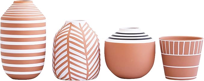 Stephanie Imports Boho Brown Terracotta Vase with Hand-Painted Matte White Design (Black Swirl)