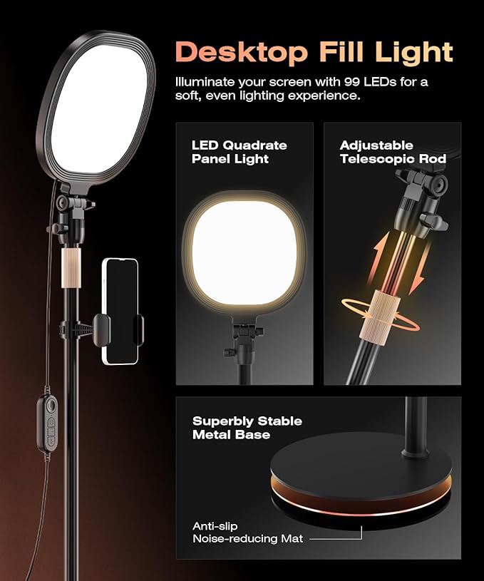 PQRQP Ring Light with Stand, Adjustable Desktop Light with Phone Holder, CRI 97+, Video Conference Light for Zoom Meetings, Webcam, Recording, Live Stream