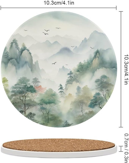 4PCS Forest Ceramic Coasters, Round Absorbent Drink Coasters,Nature Woodland Green Forest Mountain Plant Flying Birds Ceramic Table Coasters for Coffee, Beverage, Wine, Beer Coasters