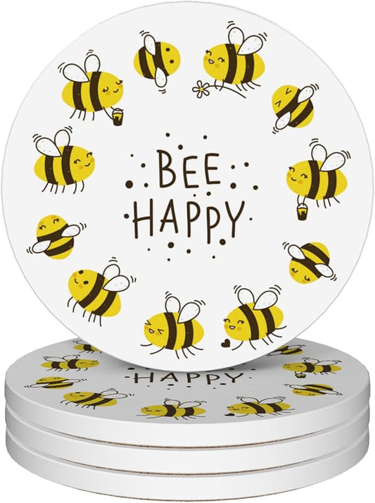 Bee Coasters Set of 4, Absorbent Ceramic with Cork Backing, Bee Happy Coaster Mats for Drinks, Ideal Gifts for Women Men