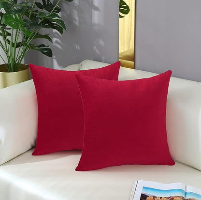 mixeoo Comfy Santa Red Throw Pillow Covers Decorative Square Solid Thick Velvet Super Soft Cushion Cases Home Decor for Sofa Couch Living Room Chair, Set of 2, 16 x 16 Inch