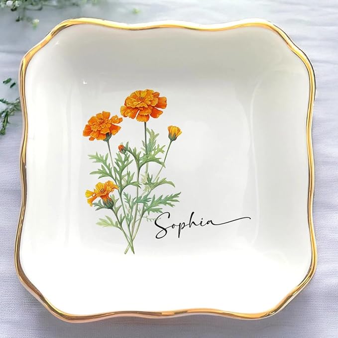 Personalized Birth Flower Ring Dish, Custom Floral Name Jewelry Dish, Trinket Tray for Women Bridesmaid Friends Sisters Fiance Bestie Gift For Birthday, Wedding, Engagement