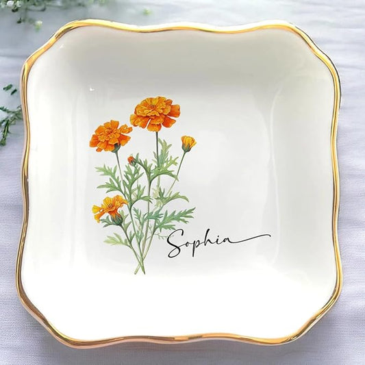 Personalized Birth Flower Ring Dish, Custom Floral Name Jewelry Dish, Trinket Tray for Women Bridesmaid Friends Sisters Fiance Bestie Gift For Birthday, Wedding, Engagement