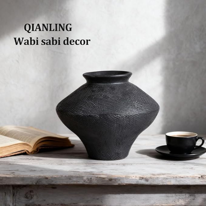 Wabi Sabi Vintage Black Vase, 6.1" Tall Wabi Sabi Decor Rustic Farmhouse Pottery Vase for Centerpiece, Textured Pottery Flower Vases for Home Decorative, Table, Living Room, Bedroom, Bathroom, Kitchen