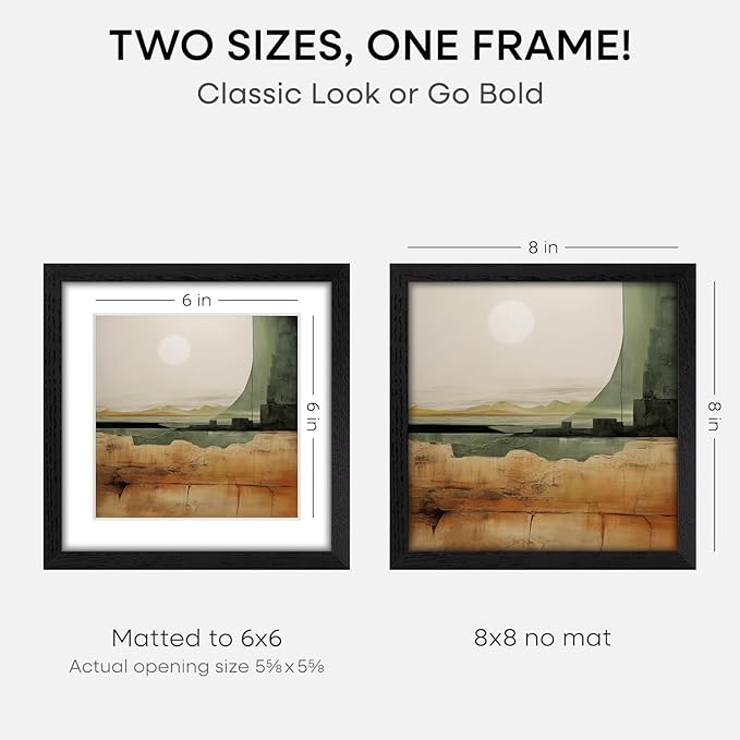 Homeforia 8x8 Picture Frame Black Wood, High-End Oak 8 x 8 Square Frames with Mat 6 by 6 inch Photo, 8x8 Wooden Frame Matted to 6x6 Art, 8by8 Wall or Tabletop Frame, Tempered Glass, Wall Kit, Set of 2