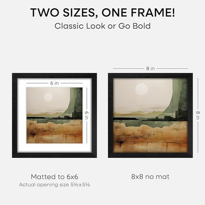 Homeforia 8x8 Picture Frame Black Wood, High-End Oak 8 x 8 Square Frames with Mat 6 by 6 inch Photo, 8x8 Wooden Frame Matted to 6x6 Art, 8by8 Wall or Tabletop Frame, Tempered Glass, Wall Kit, Set of 2