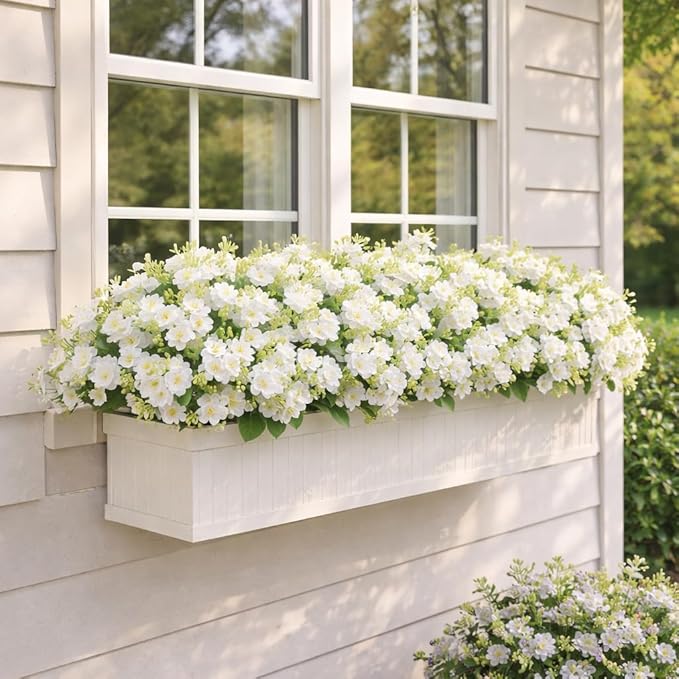 alyptus Artificial Flowers for Outdoors,12 Bundles UV Resistant Spring Fake Flowers for Porch, Patio & Home Decor – Realistic Outdoor Faux Plants with Lasting Color - White