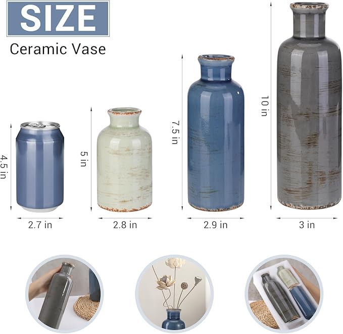Small Ceramic Vase Set of 3, Boho Modern Flower Vase Room Decor, Farmhouse Decor, Vases for Your Kitchen, Bathroom, Bedroom, Living Room, Office&Shelf Centerpiece Table Decorations