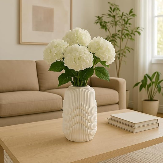 Ceramic Vase for Office and Room Decor – 3D Printed Ribbed Elegant Flower Vase for Bedroom, Table, and House Setting – Minimalist Accent for Home and Living Room Decor – 12” Ivory