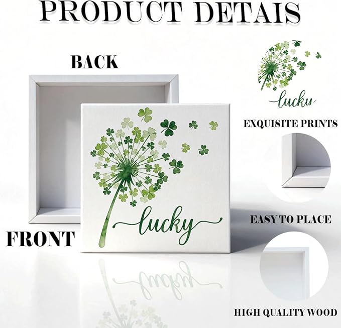 St Patrick's Day Table Decor Lucky Shamrock Wooden Box Sign, Minimal Irish Themed Tabletop Decor for Home Shelf Desk Entryway, Farmhouse Holiday Wooden Decoration for Spring Display 5 x 5 Inches