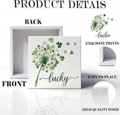 St Patrick's Day Table Decor Lucky Shamrock Wooden Box Sign, Minimal Irish Themed Tabletop Decor for Home Shelf Desk Entryway, Farmhouse Holiday Wooden Decoration for Spring Display 5 x 5 Inches